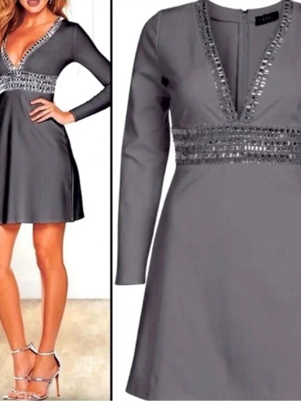 Venus Embellished Jewel Gray V-Neck Long-Sleeve Dress - Night Out - gorgeous